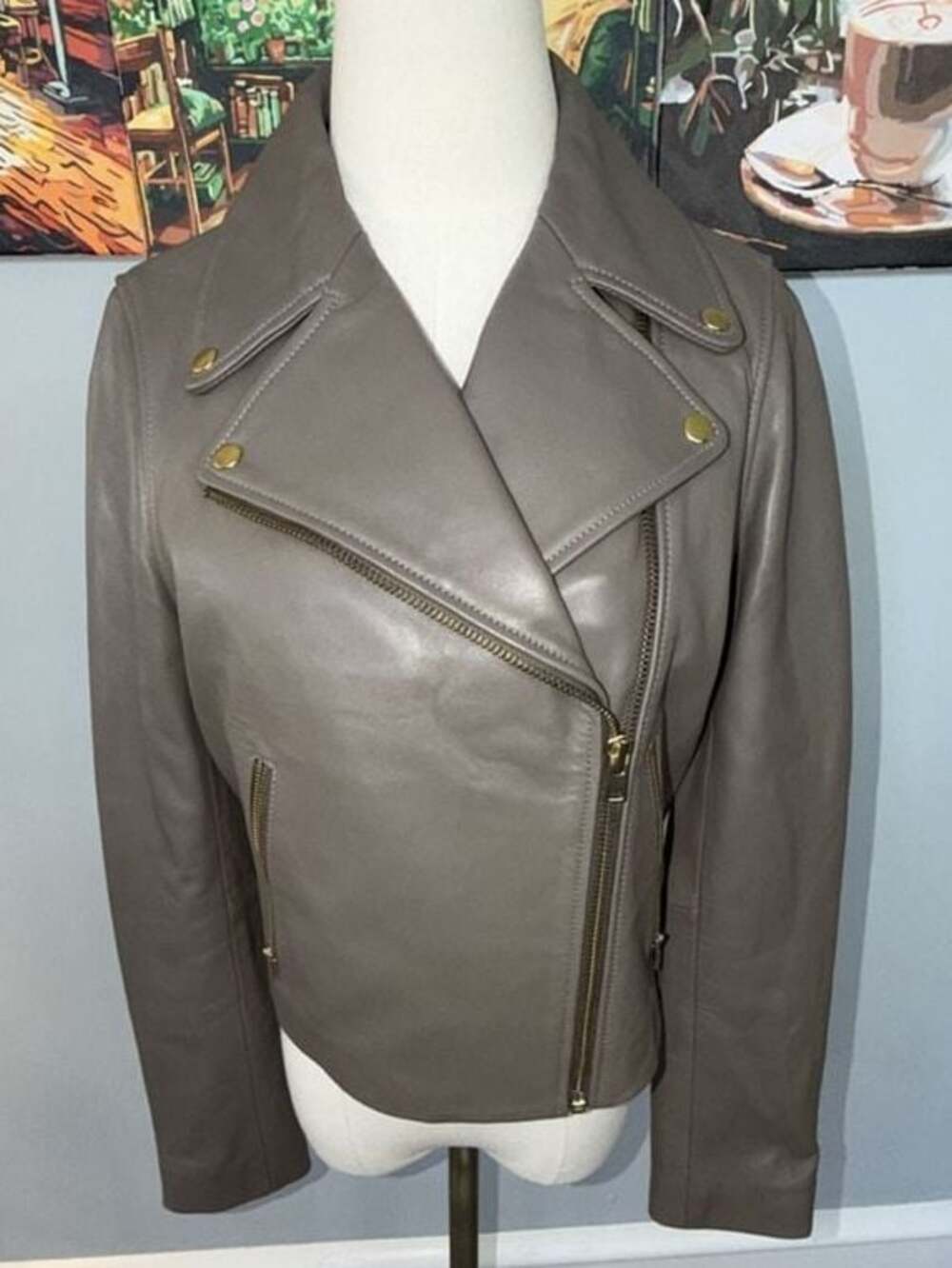 J.Crew Collection Taupe Gray Leather Moto Biker Jacket size 8